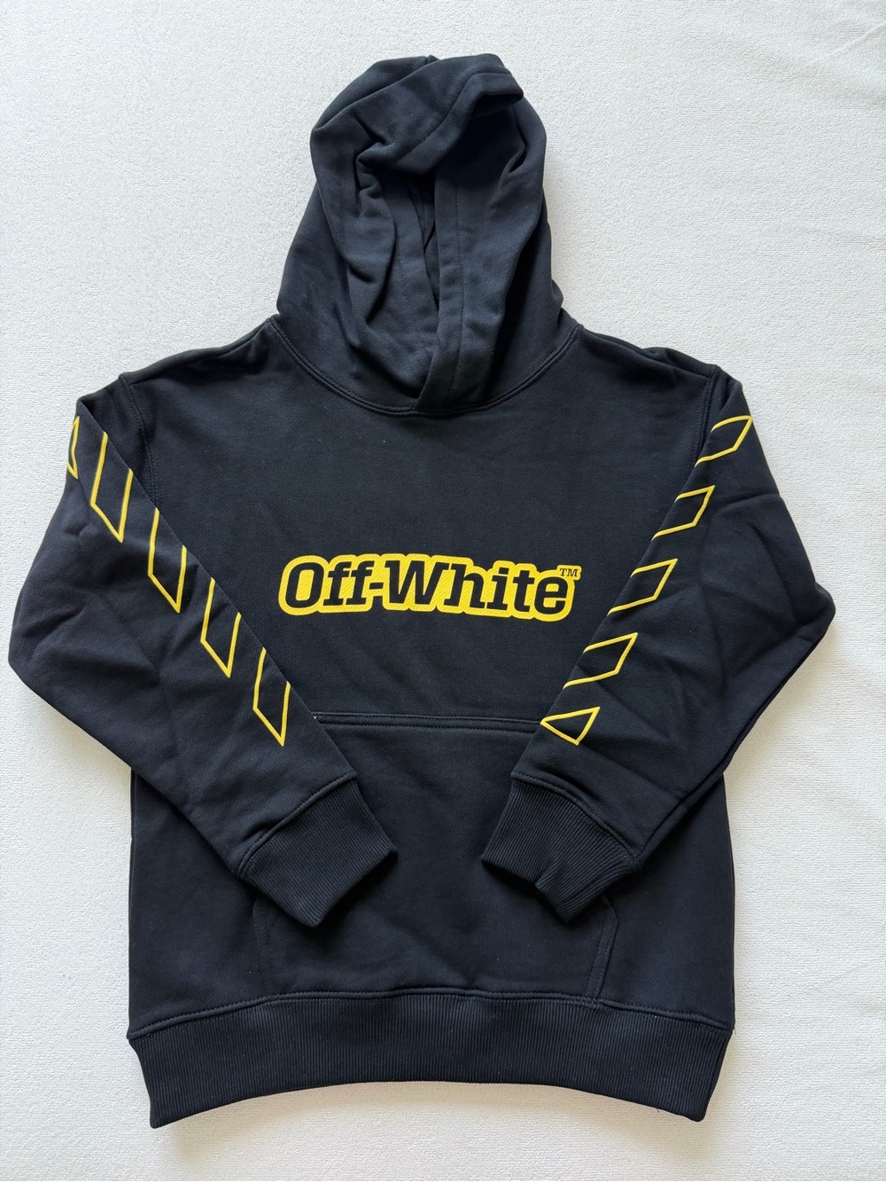 Off-White Kids Black Hoodie Yellow Logo Diagonal Stripes Size 8 NWT